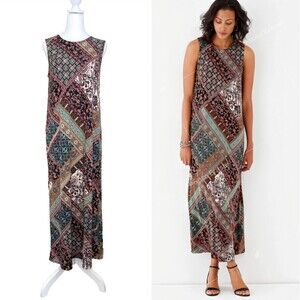 J. Jill Sleeveless Patchwork Maxi Dress Sz S Pockets Boho Mosaic Earth Tones